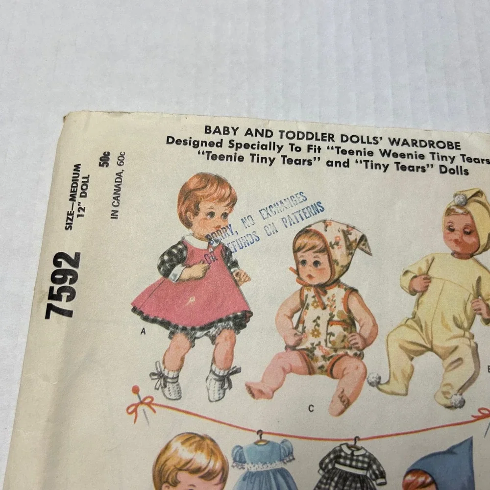 McCalls Vintage 1960's Pattern  #7592 Baby Toddler Doll Wardrobe Size M 12